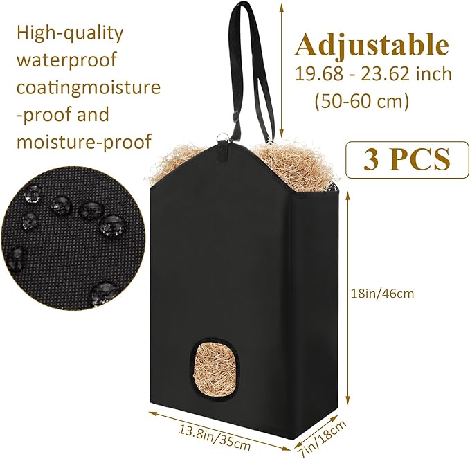 3 Pack Hay Bag for Horse - 18.11 x 7.08 x 13.78 Inch Open Feed Hole Hay Feeder for Slow Feeding - Premium 600D Oxford Cloth with Metal Ring and Adjustable Strap for Goat, Donkeys, Sheep