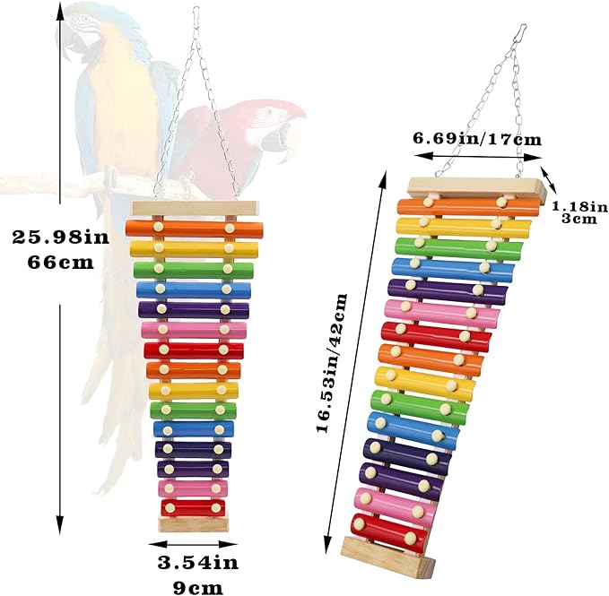 Dnoifne Large Colorful Bird Xylophone, Suspensible Funny Xylophone with 15 Metal Keys, Parrot Parakeet Budgies Love Birds Cage Toy Accessories