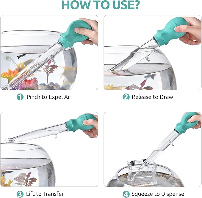 U-Taste Aquarium Pipette Cleaner: 1.5oz Coral Feeder for Fish Tank Cleaning, Manual Feeding Tube, Food Grade Siphon Dropper, Waste Remover with Strong Suction & Stand & Brush (11.98in, Aqua Sky)