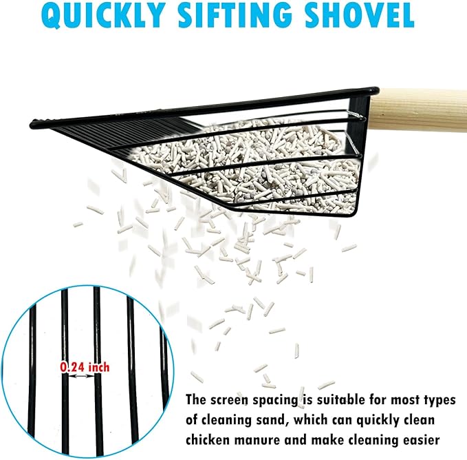 PINVNBY Stainless Steel Chicken Poop Scooper 3 in 1 Adjustable Wooden Handle Poop Scooper for Chicken(18.1" to 42.1")Multifunctional Chicken Coop Cleaning Tools Sifting Shovel Chicken Coop Accessories