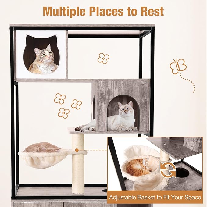 Cat Litter Box Enclosure, Wooden Cat Tree with Hidden Litter Box Enclosure, Indoor Cat House with Condo, Hammock Scratching Mat and Storage Shelves (Grey, Large)