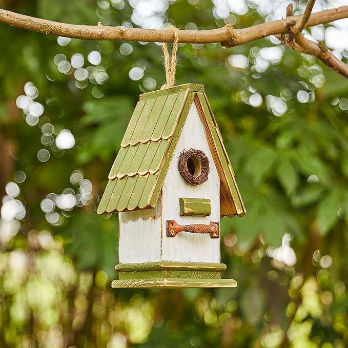 Glitzhome Bird Houses for Outside, Bluebird Houses for Outdoors, 10.75" H Green Roof Garden Wooden Birdhouse Hand Painted Hanging Distressed Bird House for Finch Cardinals Swallow Wren Chickadee