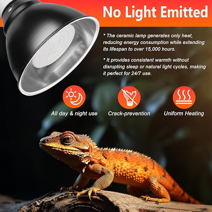 Energy Efficient 75W Reptile Heat Bulbs, Pack of 2 Ceramic Heat Emitters for Reptile Geckos, Bearded Dragon, Lizard, Iguana & Small Pets (White, 75 Watts)