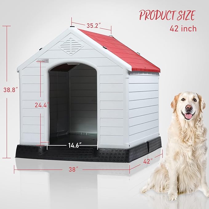 PUKAMI Plastic Dog House Outdoor Indoor,Durable Dog House for Small Medium Large Dogs,Waterproof Dog Houses with Elevated Floor and Air Vents,Ventilate & Easy Clean and Assemble(Red, 42inch)