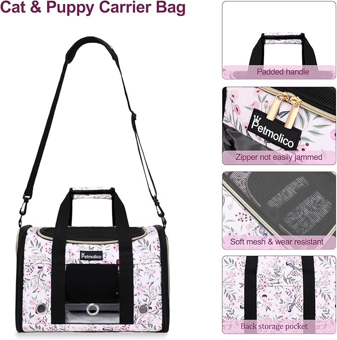 Petmolico Cat Carrier Soft-Sided Pet Bag for Small Medium Cats Puppies 16LBs - Airline Approved Pet Travel Carrier 3 Open Doors (Medium,Mixed Pink)