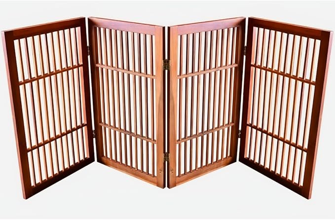 Pet Dog Gate Strong and Durable Freestanding Folding Acacia Hardwood Portable Wooden Fence Indoors or Outdoors by Urnporium (Brown Pet Gate, 4 Panel 30" Tall)