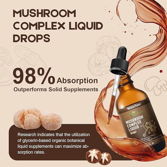 Vegan Immune Mushroom Tincture Supplement,7 in 1 Mushroom Extract Liquid Drops with Lion's Mane,Shiitake,King Trumpet,Turkey Tail,Reishi,Chaga & Cordyceps 2 fl oz (60 Servings)