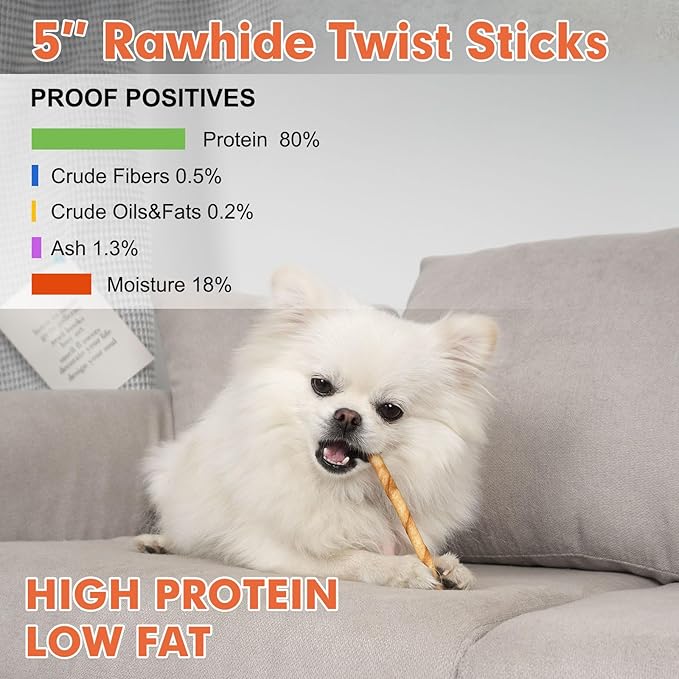 MON2SUN Dog Rawhide Twist Sticks Chicken Flavor 5 Inch Thin Sticks Rawhide Chews Treats for Puppy and Small Dogs 120 Count