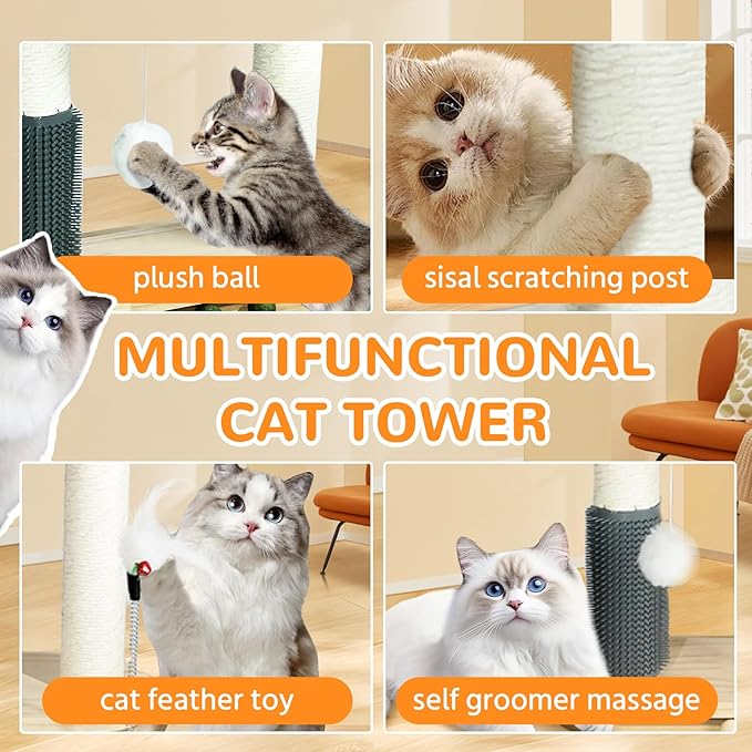 Small Cat Tree Tower, Cat Scratching Post 6-in-1 Cat Tree with Self Groomer Brush, Natural Sisal Scratcher Cute Kitten Climbing Tower with Bed, Hanging & Track Toy for Indoor, Beige