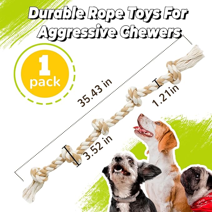 YALAVA Large Dog Rope Toy for Aggressive Chewers, 3 Feet Heavy Duty 5 Knots Chew Toys for Teeth Cleaning, Cotton Rope Dog Tug Toy