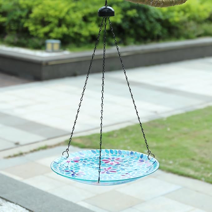 MUMTOP Mosaic Hanging Bird Bath-Bird Baths for Outdoors - 12 Inch Glass Bird Water Bowl Bird Feeders for Outside, Garden, Lawn Yard Decor(Blue)