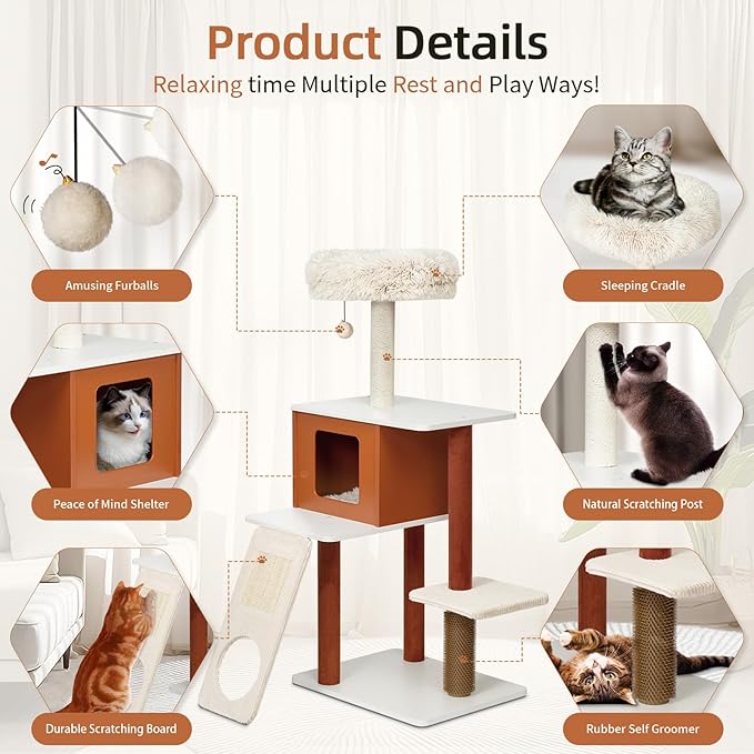 50in Modern Cat Tree with Sturdy Wood Frame - Multi-Level Indoor Activity Center with Sisal Scratching Posts, Plush Top Perch, Enclosed Condo & Hanging Toy