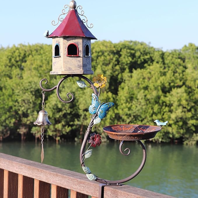 Deck Bird Bath, 2 in 1 Metal Bird Bath and Bird Houses, Decorative Deck Mounted Bird Baths, Detachable and Adjustable Sturdy Deck Bird Bath for Outdoor Porch Yard Garden Decoration