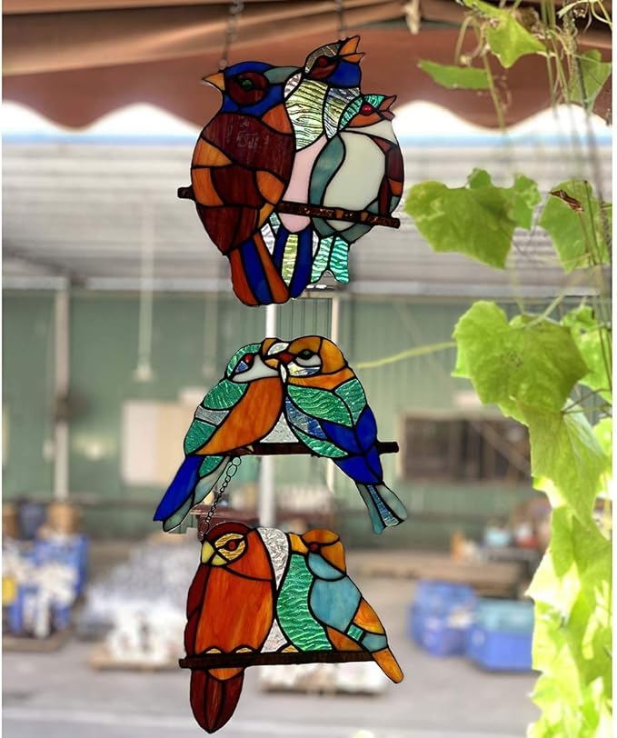 Bieye W10060 Tropical Birds Tiffany Style Stained Glass Window Panel with 3 Pieces Hanging Successively Within Chains, 10" W x 39" H