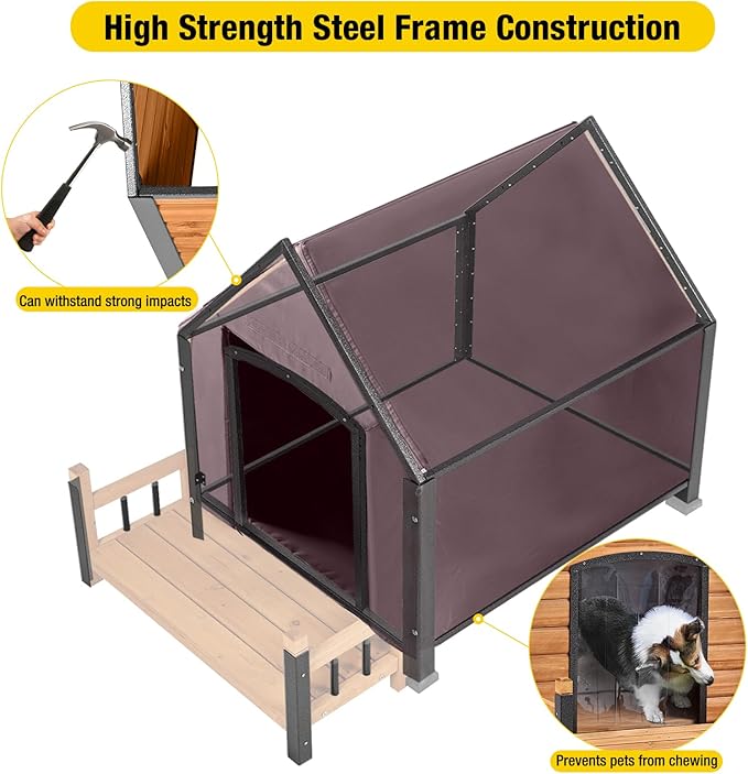 Dog House Outdoor, Insulated Dog Kennel Outside for Large Breed, 50.87" L Weatherproof Large Dog Shelter with Anti-Chewing Iron Frame (Brown, 45" D x 32.9" W x 32.6" H)