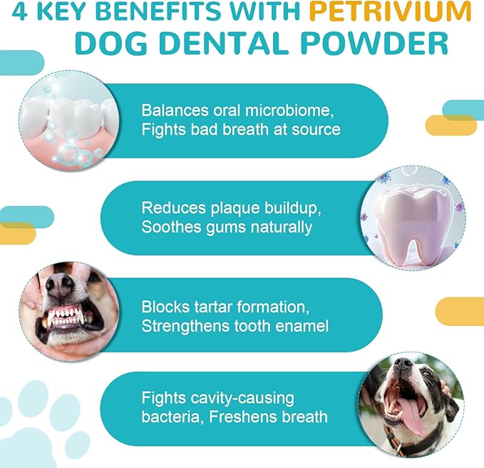 Dog Teeth Cleaning Powder, Dog Dental Powder for Teeth Cleaning and Dog Breath Fresh, Bad Breath Fresher & Tartar Remover with Enzyme, Probiotics. Plaque Off Pet Tooth Cleaning 120 Grams 60 Servings
