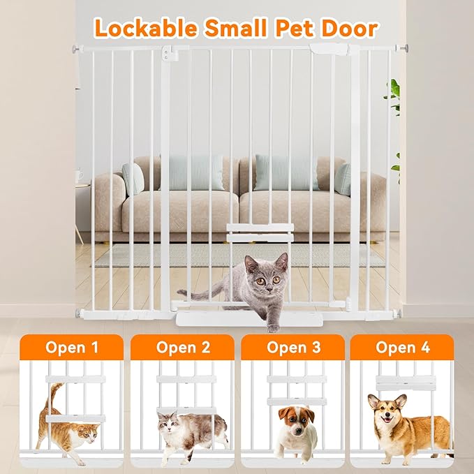 30 Inch Tall Baby Gate with Small Cat Door, Adjustable Auto Close Dog Gate Easy Walk Thru Pet Door for Stairs, Doorway, House (White, 29.52"-35.43")