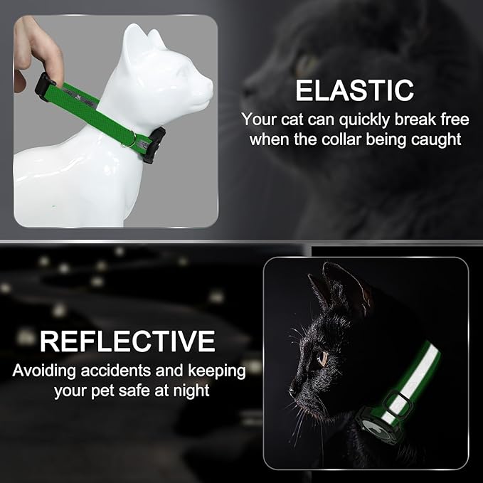 Reflective AirTag Cat Collar, Integrated Cat Tracker Collar with Air Tag Holder and Bell, Safety Elastic Band Cat GPS Collars for Girl Boy Cats, Kittens and Puppies (Emerald,S)