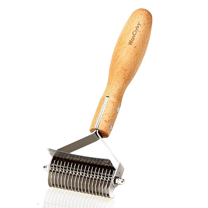 3-in-1Dematting & Deshedding Comb Undercoat Rake for Cats& Dogs,Detangling Matted Fur & Hair Remover Tool Pet Grooming Rake for Shedding and Dematting,Ergonomic beech wood handle (Round Handle)