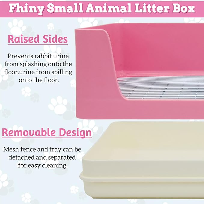 Fhiny Large Rabbit Litter Box for Cage, Plastic Guinea Pig Litter Pan with 6 PCS Disposable Pee Pads Potty Trainer Corner Toilet Box for Bunny Guinea Pigs Ferrets Chinchillas Small Animals (Pink)