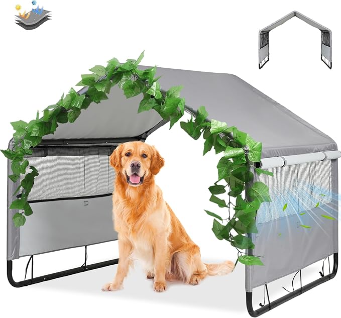 4'x 4'x 3.3' Extra Large Dog House Outside, Pet Tent Outdoor Dog Shade Shelter for Large Medium Dogs, Outside Sun Rain Canopy Pet House for Cats Pigs Livestock w/Artificial Leaves