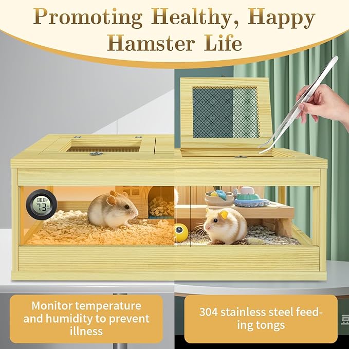 Large Hamster Cage, Solid Wood Gerbil Cage, Chewproof Hamster Cages and Habitats, Sliding Doors, Top Ventilation Window, Guinea Pig Cages for Small Animals, Dwarf, Syrian, Mice, 36" x 18" x 12"