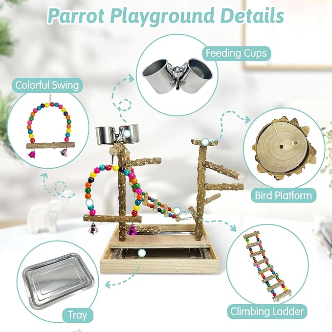 PINVNBY Bird Playground Natural Wood Parrot Perch Stand Bird Play Gym Colorful Climb Ladder Swing with Metal Tray and 2 Stainless Steel Cups Bird Cage Accessories for Conure Cockatiel Parakeet Lovebir