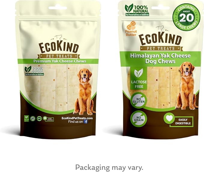 EcoKind Premium Gold Yak Cheese Himalayan Dog Chews, Dog Treats Large Breed, All Natural, High Protein Chew, Peanut Butter, Large - 18+ Chews