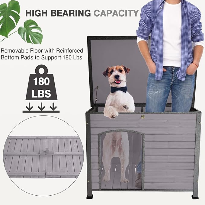 Dog House Outdoor Insulated Dog House for Small Medium Large Dogs, Natural Wood with Iron Frame, Waterproof Roof Raised Feet