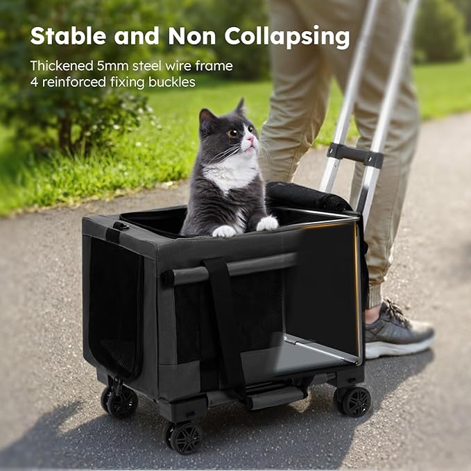 Pecute Cat Carrier with Wheels,Steel Wire Frame Cat Carrier, Stable Pet Trolley Bag for Cats, Pet Handbag and Stroller, Portable Cat Carrier Bag for Car Travel Bus Subway, Dark Grey