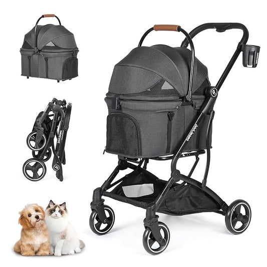 T3 Foldable Pet Stroller for Small Dogs & Cats – 3-in-1 Lightweight Design, 180° Canopy & Detachable Carrier (Black)
