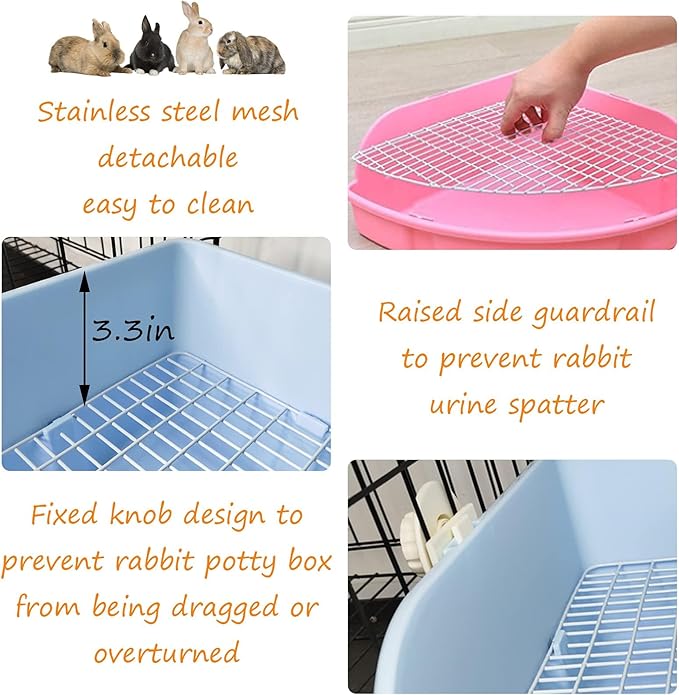 PINVNBY Extra Large Corner Litter Box for Rabbits, Guinea Pigs, Ferrets | 18.3" Fan-Shaped Potty Trainer with Anti-Spill Guard, Durable Plastic & Cage Clips | Easy-Clean Small Animal Toilet Pan (Blue)