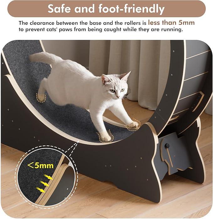 Cat Exercise Wheel, 43.3 inch Cat Wheel for Indoor Cats with Carpeted Runway, XL Cat Treadmill with Removable Carpet and Cat Teaser, for Running Walking Training (Black)