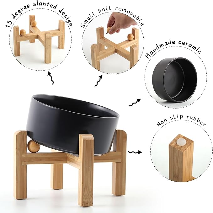Petygooing Black Elevated/Raised 15° Slanted Ceramic Dog Bowl for Large and Medium Breeds, Pet Anti Slip Feeding Bowl,Food Water Dish with Stand for Large and Medium Dogs (60 OZ / 7.6 Cup)
