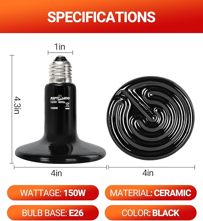 REPTI ZOO 150W Reptile Heat Lamp 2Pack Ceramic Heat Emitter Night Heat Lamp Bulbs Reptile Terrarium Heat lamp Tank Heat Bulb for Turtle Bearded Dragon Gecko Lizard Snake Chicken E26
