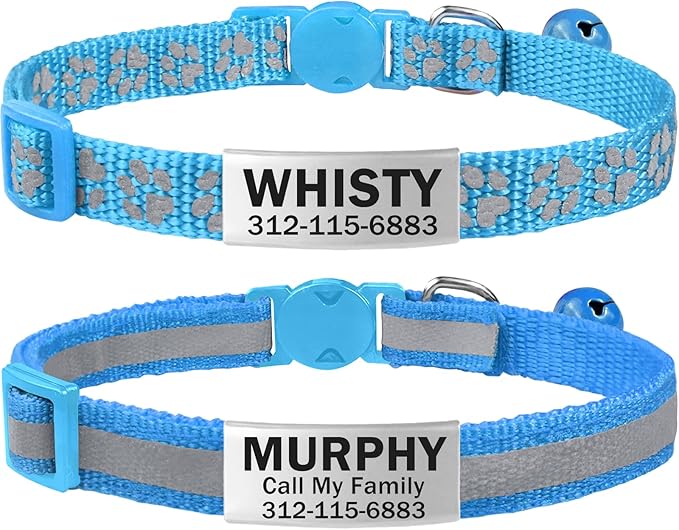 TagME 2 Pack Cat Collar with Name Tag, Personalized Reflective Cat Collar Breakaway with Bell for Boy & Girl Cats, SkyBlue