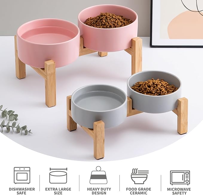 Elevated Ceramic Dog Bowl Set - Raised Dog Bowls with Non Slip Bamboo Stand, Food and Water Bowl Set for Kitty, Cats and Toy Breed Dogs, Pet Bowls, Weighted Dogs Dishes (5.1'', 2*16OZ, Pink)