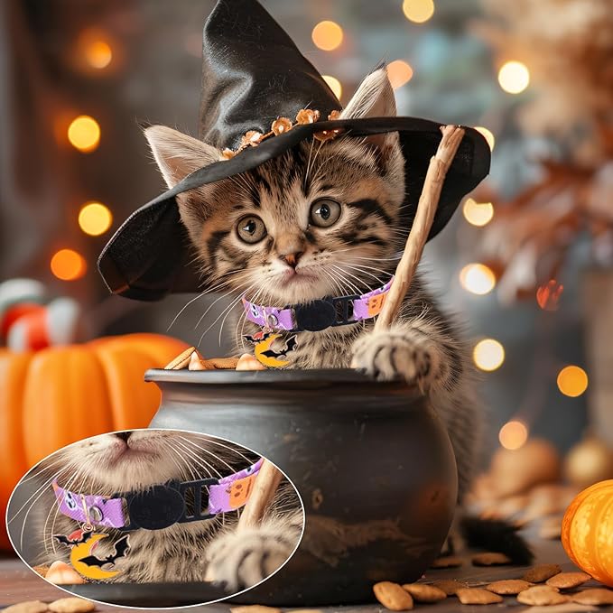 3pcs Halloween Cat Collars with Bells, Polyester Adjustable Breakaway Festive Kitten Puppy Collars Playful Holiday Accessories for Small Dog Kitty Pets (Black Cat, Bat, Cross Pattern)