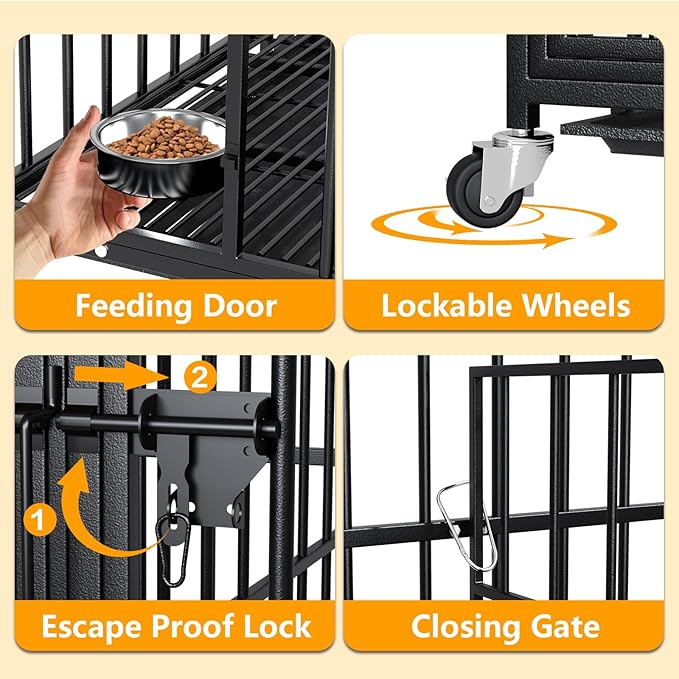 42 inch Stackable Heavy Duty Dog Crate with Open Top,Metal Double Dog Cage for 4 Dogs/Medium Dog,Dog Kennel Indoor with Wheels,Removable Trays, Divider
