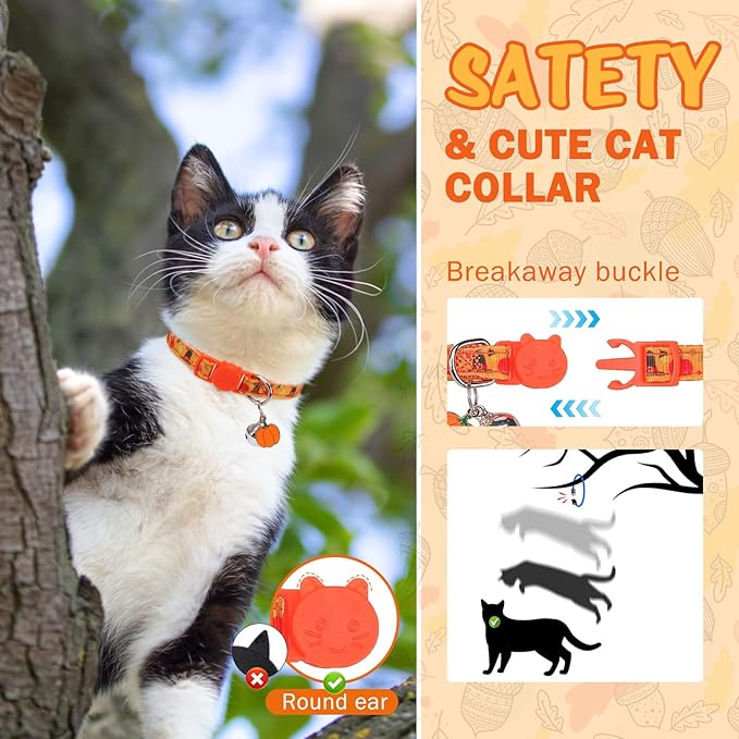 SCENEREAL Fall Thanksgiving Cat Collar Breakaway with Bell, Bowtie and Safety Buckle, 2 Pack Adjustable Cute Holiday Kitten Collars with Turkey & Pumpkin Pattern for Girl Boy, Orange