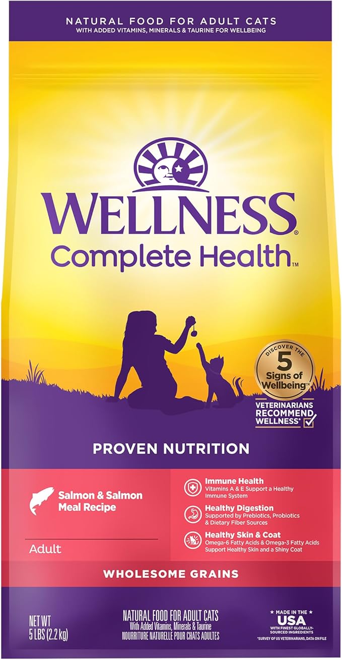 Wellness Complete Health Adult Dry Cat Food for Indoor and Outdoor Cats, Wholesome Grains, Natural, Salmon & Salmon Meal (5 Pound Bag)