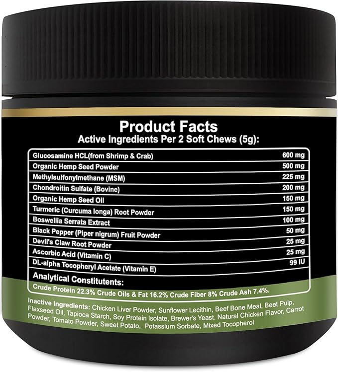Noble Beast Dog Joint Supplement - Hip and Joint Care for Dogs - All Natural - Soft Chews with Glucosamine, Chondroitin, MSM & Hemp for Dog Joint Relief - Chicken Flavor – 120 Count
