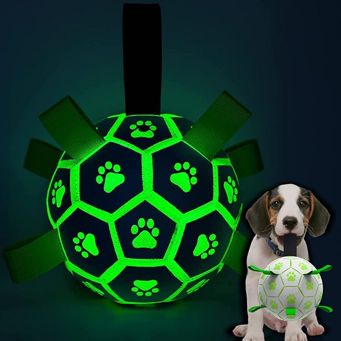QDAN Glow in The Dark Dog Toys Soccer Ball with Straps, Outdoor Interactive Dog Toys Puppy Birthday Gifts, Dog Tug Water Toy, Light Up Dog Balls for Small & Medium Dogs๏ผ6 Inch Size 2๏ผ