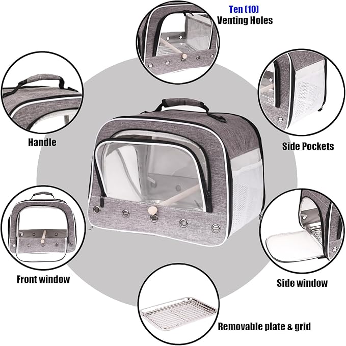 Bird Carry Carrier to Transport Large Size Parrot, Portable Bag with Metal Tray and Grid for Medium and Large Birds Like African Grey, Long Tail Cockatiel and Parrot