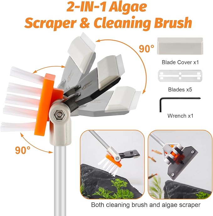 AQQA Aquarium Siphon Vacuum Cleaner Kit with 3 Replaceable Heads, Extra 2-in-1 Algae Scraper Cleaning Brush, Manually Siphon Ball Water Changer, Extendable Length to 31In for Fish Tank Cleaning (S)