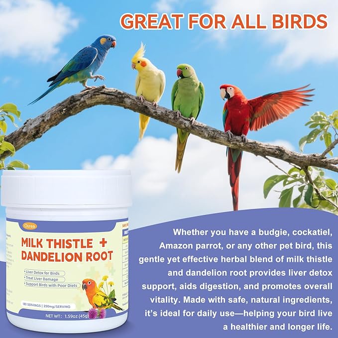 Avian Milk Thistle Dandelion Root Supplement for Parrots, Support Liver Heath Powder for Budgies Cockatiels, Daily Natural Herbal Birds Detox Dietary Formula, Alcohol-Free 180 Servings