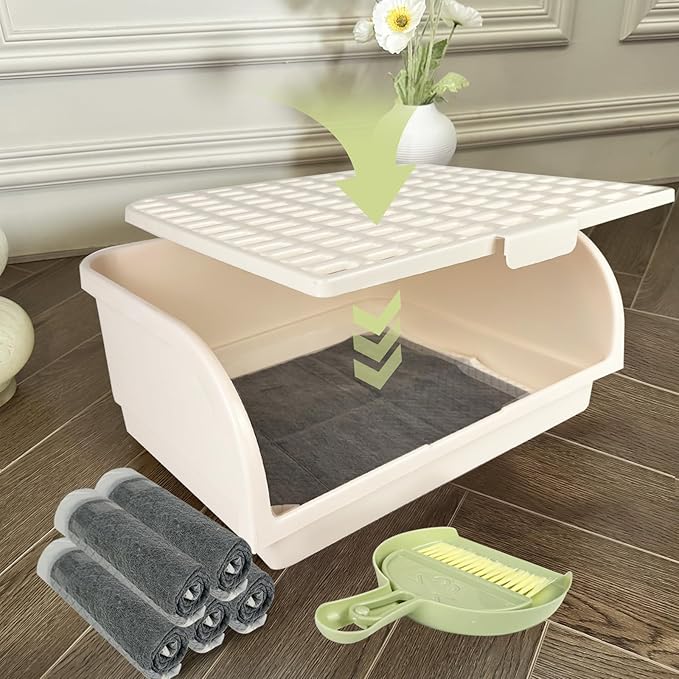 Rabbit Litter Box for Cage with Grate, Large Rabbit Litter Pan for Bunny, Ferret, Guinea Pig, Chinchilla, Easy Clean Small Animal Potty Tray for Toilet Training (Cream)