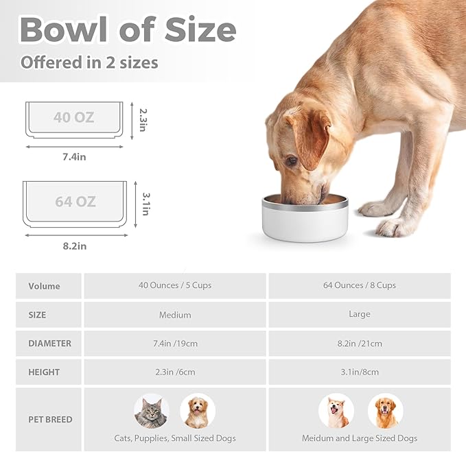 Stainless Steel Dog Bowl, Metal Water and Food Dish for Large Dogs, Insulated Non-Slip Pet Bowl, Easy Clean, 40oz, White