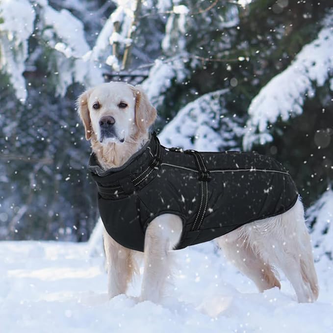 Lelepet Waterproof Dog Jacket with Harness Built in Warm Dog Winter Coat, Reflective Fleece Jacket, Dogs Coats for Medium Dogs, Cozy Thermal Turtleneck Pet Snowsuit for Cold Weather,Pug, Black, M