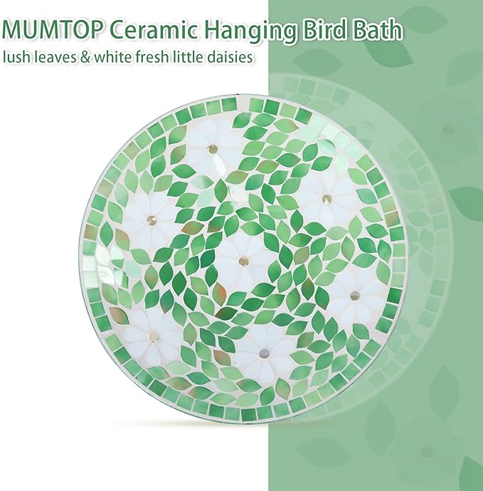 MUMTOP Mosaic Hanging Bird Bath-Bird Baths for Outdoors - 12 Inch Glass Birdbath Bird Water Bowl Bird Feeders for Outside, Garden, Lawn Yard Decor(Flower & Leaf)